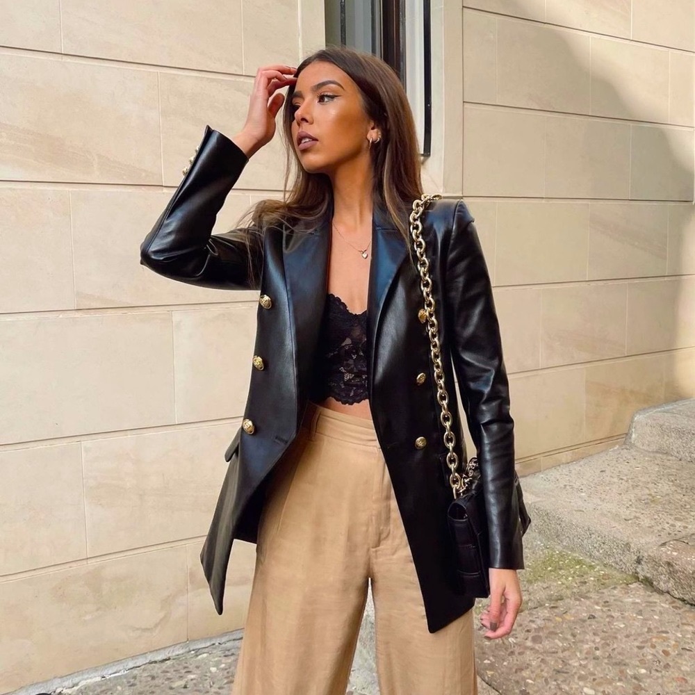 Zara Black Faux Leather Gold Metallic Buttoned Oversized Blazer Size S